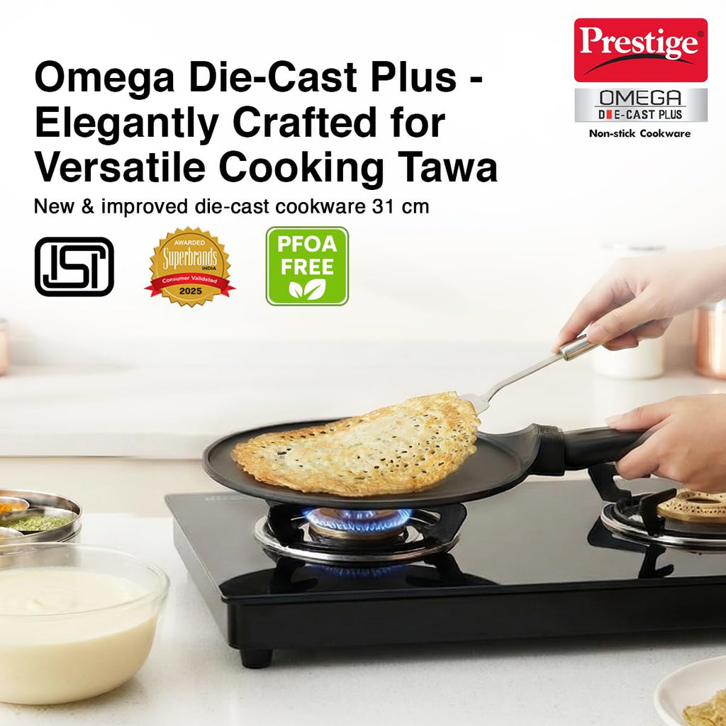 Prestige Omega Die-Cast Plus Aluminium Non-Stick Tawa 31 Cm, Black