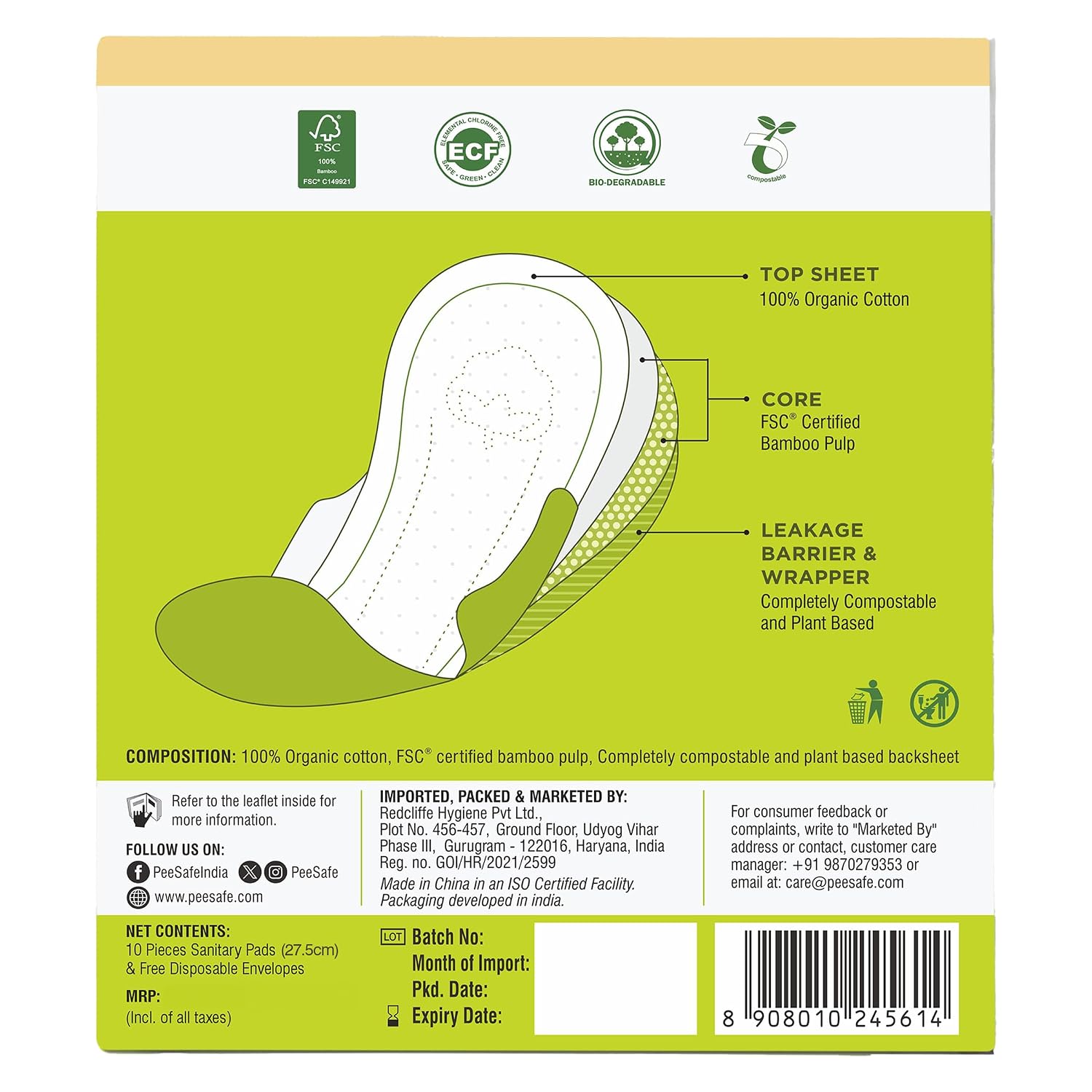 PEESAFE Organic Cotton, Biodegradable Sanitary Pads (Pack of 10, Regular)