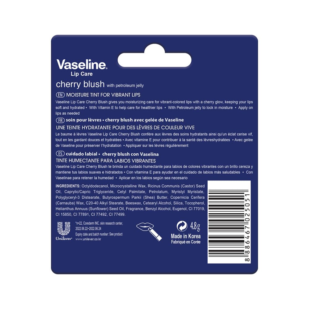 Vaseline Lip Care | Cherry Blush Tinted Lip Balm Stick | up to 48Hr moisturization | with petroleum jelly & Vitamin E | made in South Korea | 4.8g