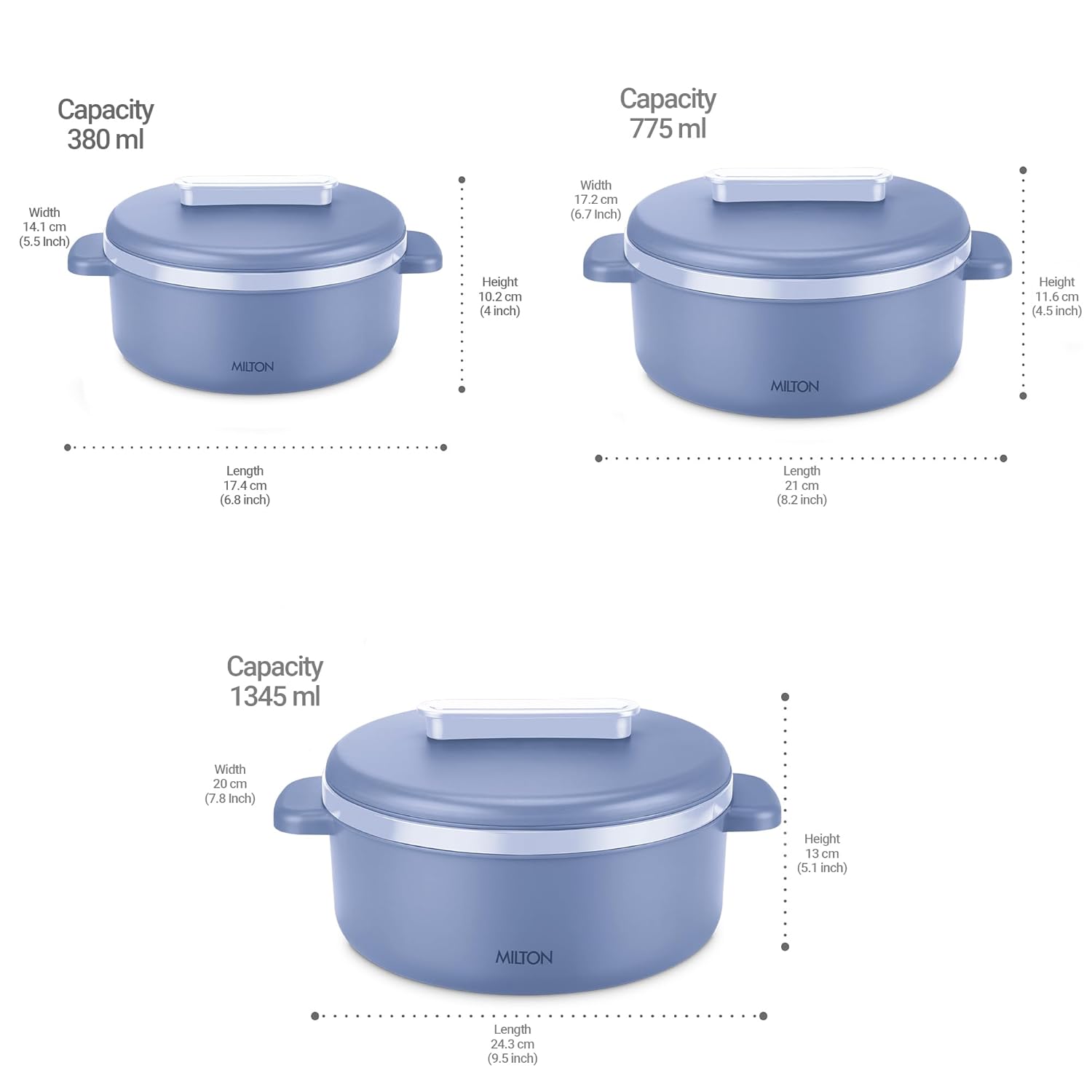 MILTON Micronova Jr. Gift Set Inner Stainless Steel Casserole, Set of 3 (380 ml, 775 ml, 1345 ml)