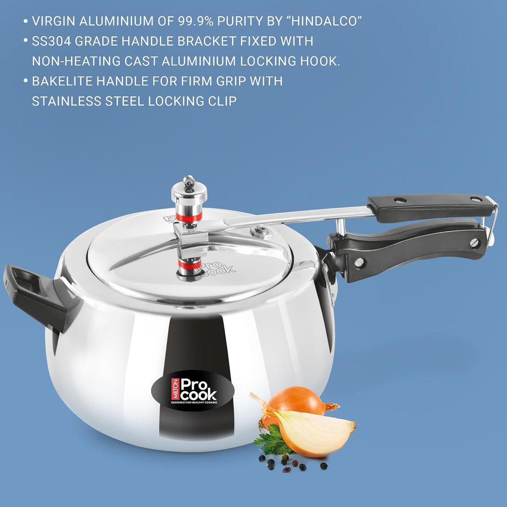 Milton Pro Cook Aluminium Induction Curve Pressure Cooker With Inner Lid, 5 Litre, Silver | Hot Plate Safe | Flame Safe