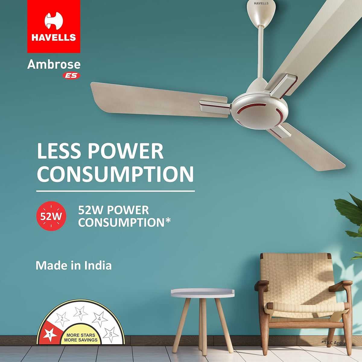 Havells 1200mm Leganza ES 4B Ceiling Fan  | Energy Saving, 100% Pure Copper Motor, 2 Year...