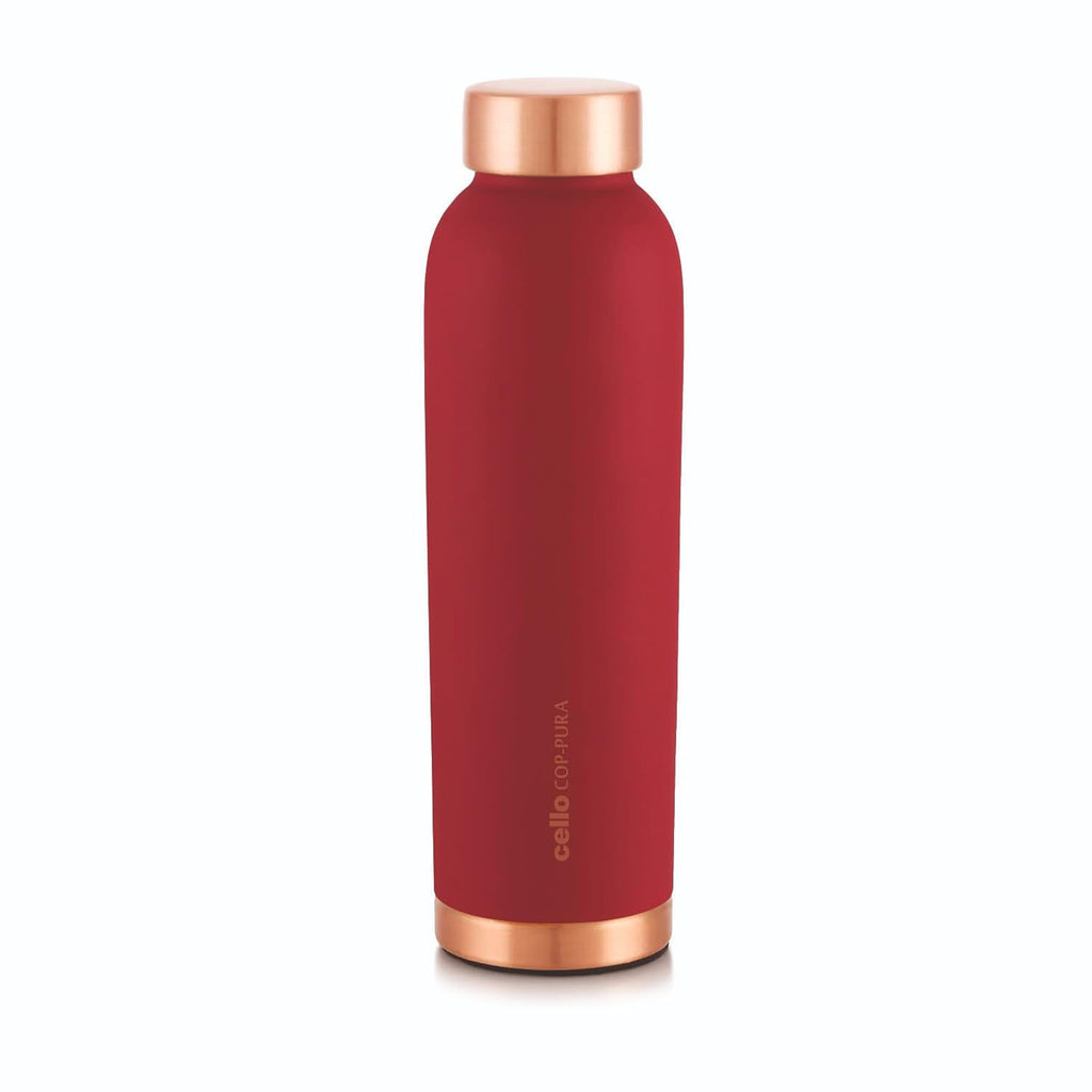 CELLO Evita Copper Water Bottle For Daily & Office Use 1000 ml, Red | Leakproof & Rustproof ISI Certified Single Wall 100% Pure Copper Promotes Immunity, Improve Digestion & Supports Healthy Living