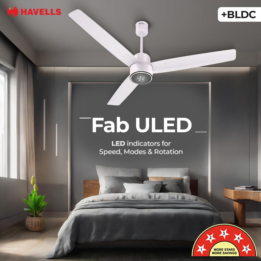 Havells FAB BLDC LED Ceiling Fan 1200 mm, 5 star, LED Speed Indicator, 380 RPM, Up to 65% Savings,Reverse Rotation,4 Speed Modes,Low Wattage 30W,Low Noise...