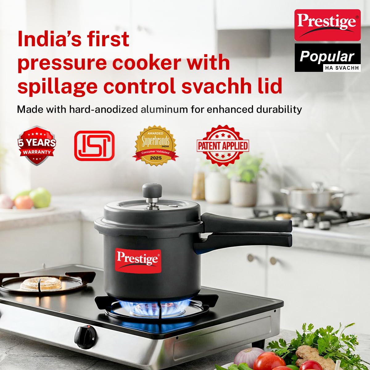Prestige 3 Litre Hard Anodised Popular Svachh Outerlid Pressure Cooker|Deep Lid for spillage Control|Gas compatible|Gasket Release System|Metallic Safety Plug|5 years warranty|ISI Certified