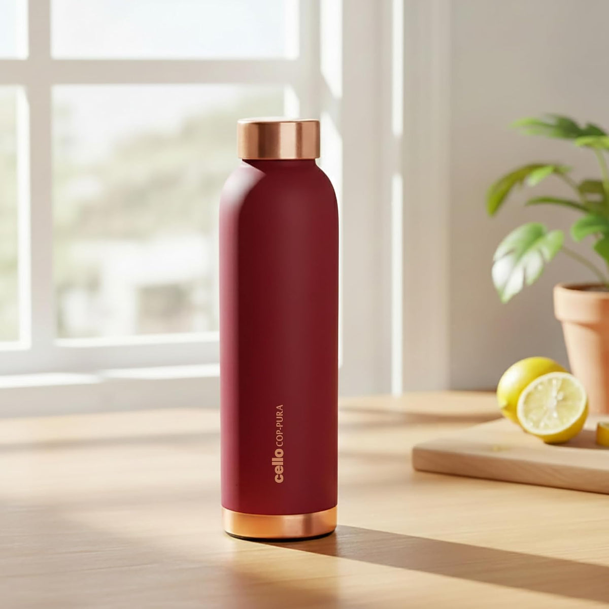 CELLO Evita Copper Water Bottle For Daily & Office Use 1000 ml, Red | Leakproof & Rustproof ISI Certified Single Wall 100% Pure Copper Promotes Immunity, Improve Digestion & Supports Healthy Living