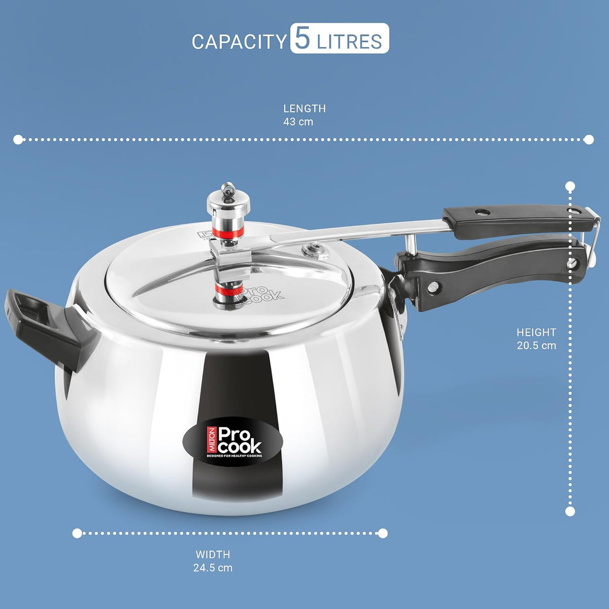 Milton Pro Cook Aluminium Induction Curve Pressure Cooker With Inner Lid, 5 Litre, Silver | Hot Plate Safe | Flame Safe