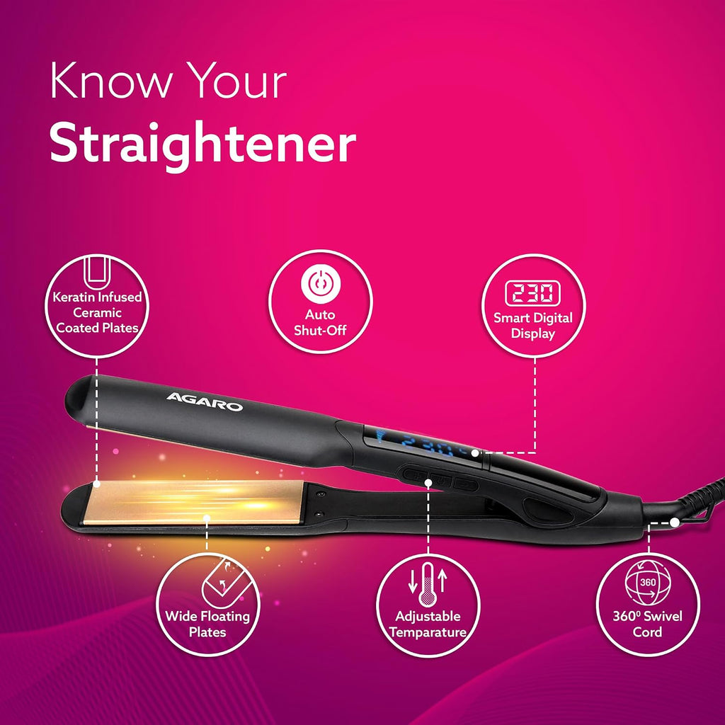 AGARO Elite Hair Straightener, Wide/Broad Plate, Keratin Infused Ceramic Coated Plate, For Long/Medium Hair, Adjustable Temperature, For Professional...