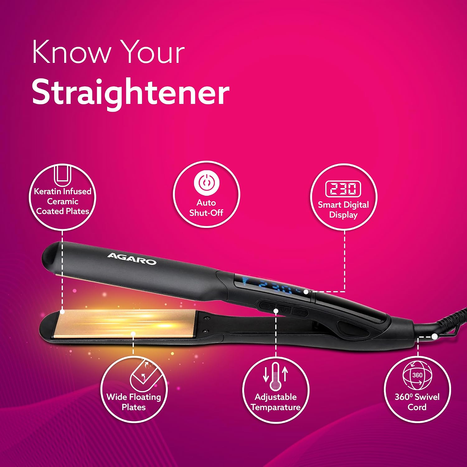 AGARO Elite Hair Straightener, Wide/Broad Plate, Keratin Infused Ceramic Coated Plate, For Long/Medium Hair, Adjustable Temperature, For Professional...