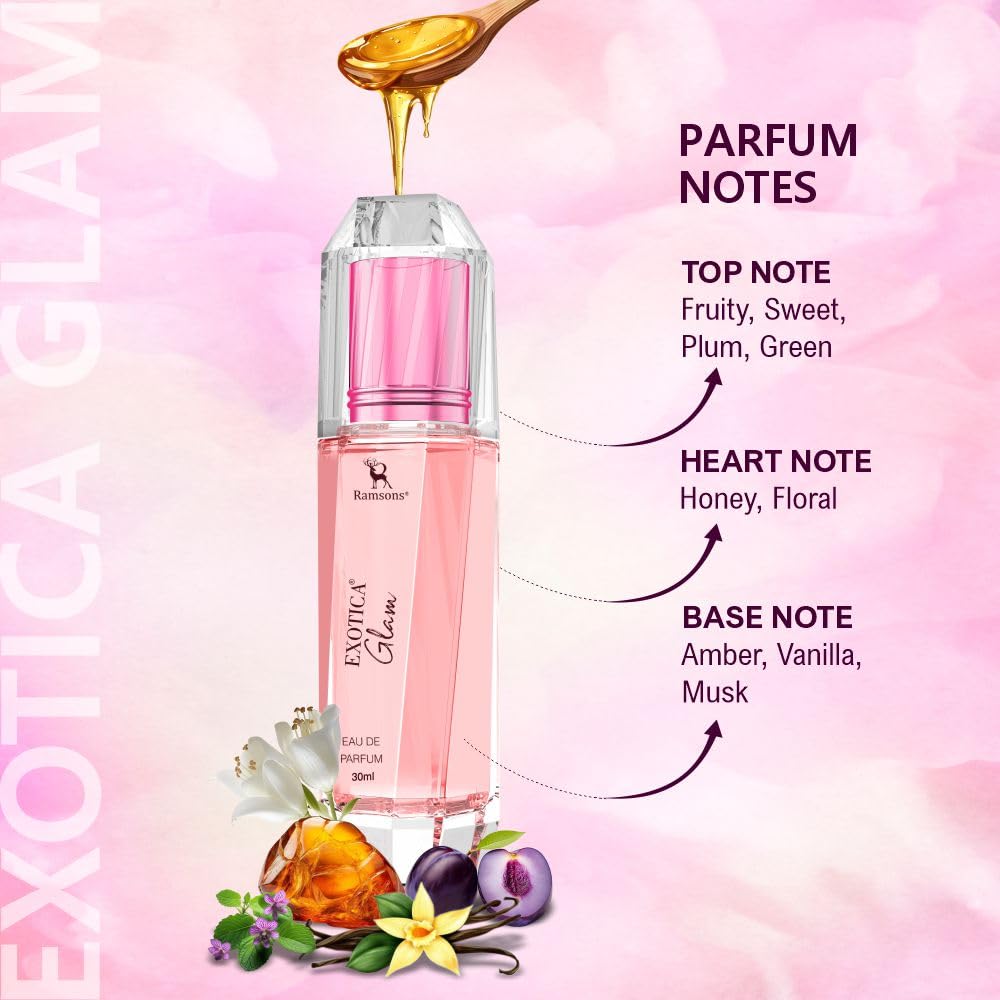 Ramsons Exotica Glam Perfume for Women - 30ml | TN - Fruity, Plum, Citrus & Green | MN - Spicy, Honey, Herbal & Floral | BN - Musk, Amber, Vanilla...