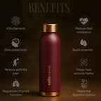 CELLO Evita Copper Water Bottle For Daily & Office Use 1000 ml, Red | Leakproof & Rustproof ISI Certified Single Wall 100% Pure Copper Promotes Immunity, Improve Digestion & Supports Healthy Living