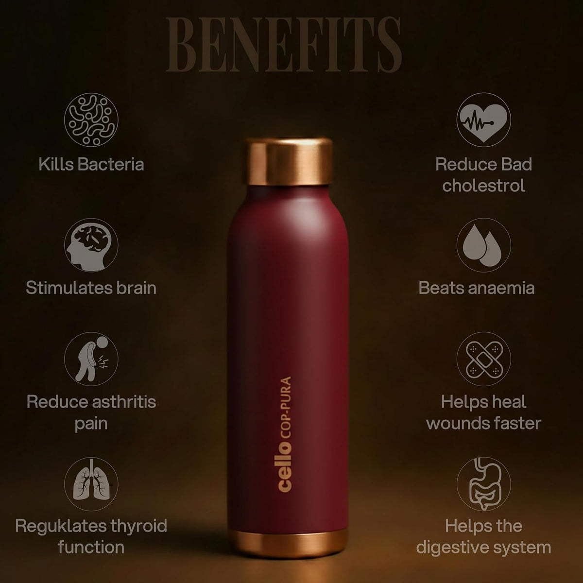 CELLO Evita Copper Water Bottle For Daily & Office Use 1000 ml, Red | Leakproof & Rustproof ISI Certified Single Wall 100% Pure Copper Promotes Immunity, Improve Digestion & Supports Healthy Living