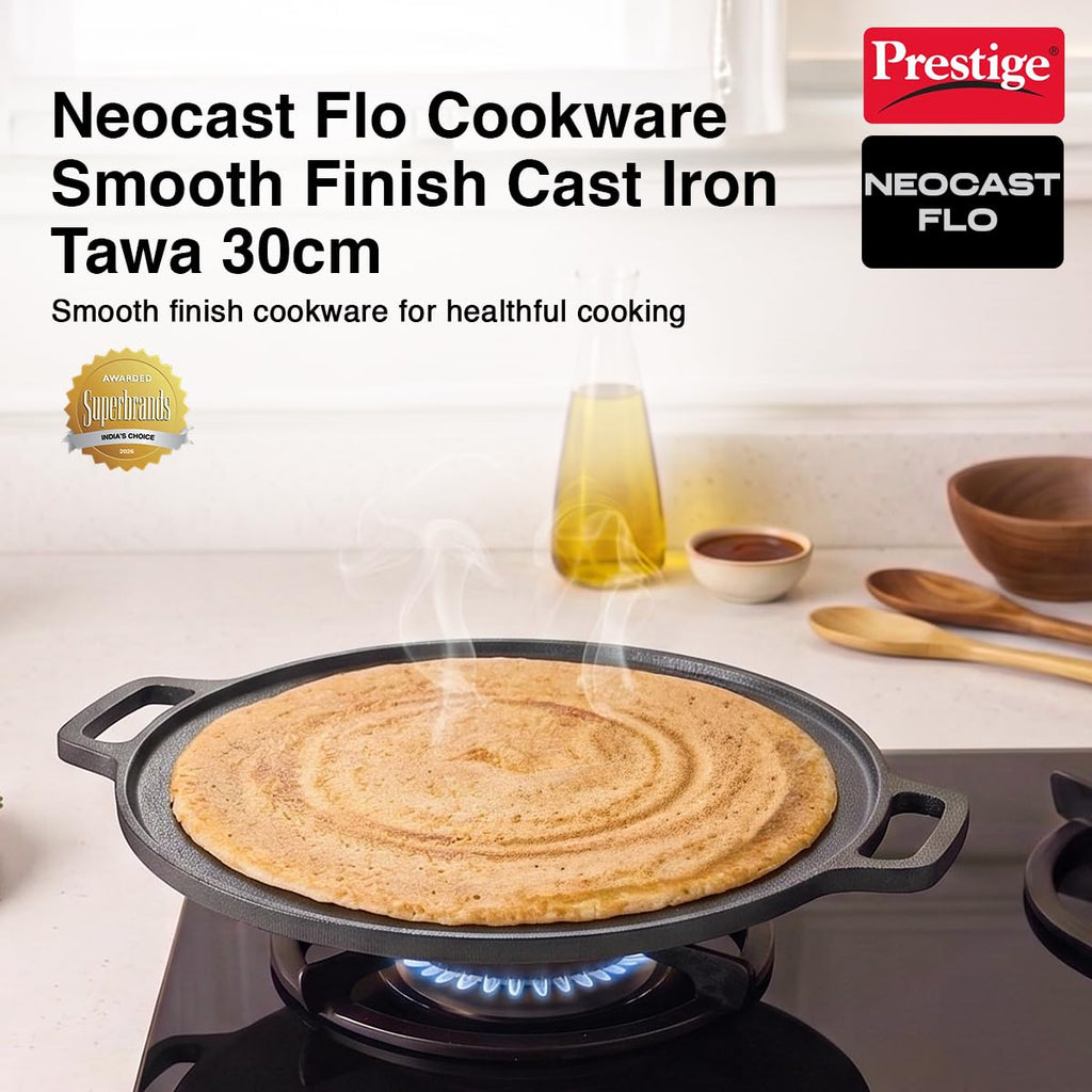 Prestige Neocast Flo Smooth Finish Cast Iron Dosa Tawa 30cm Black|Works On Gas & Induction|