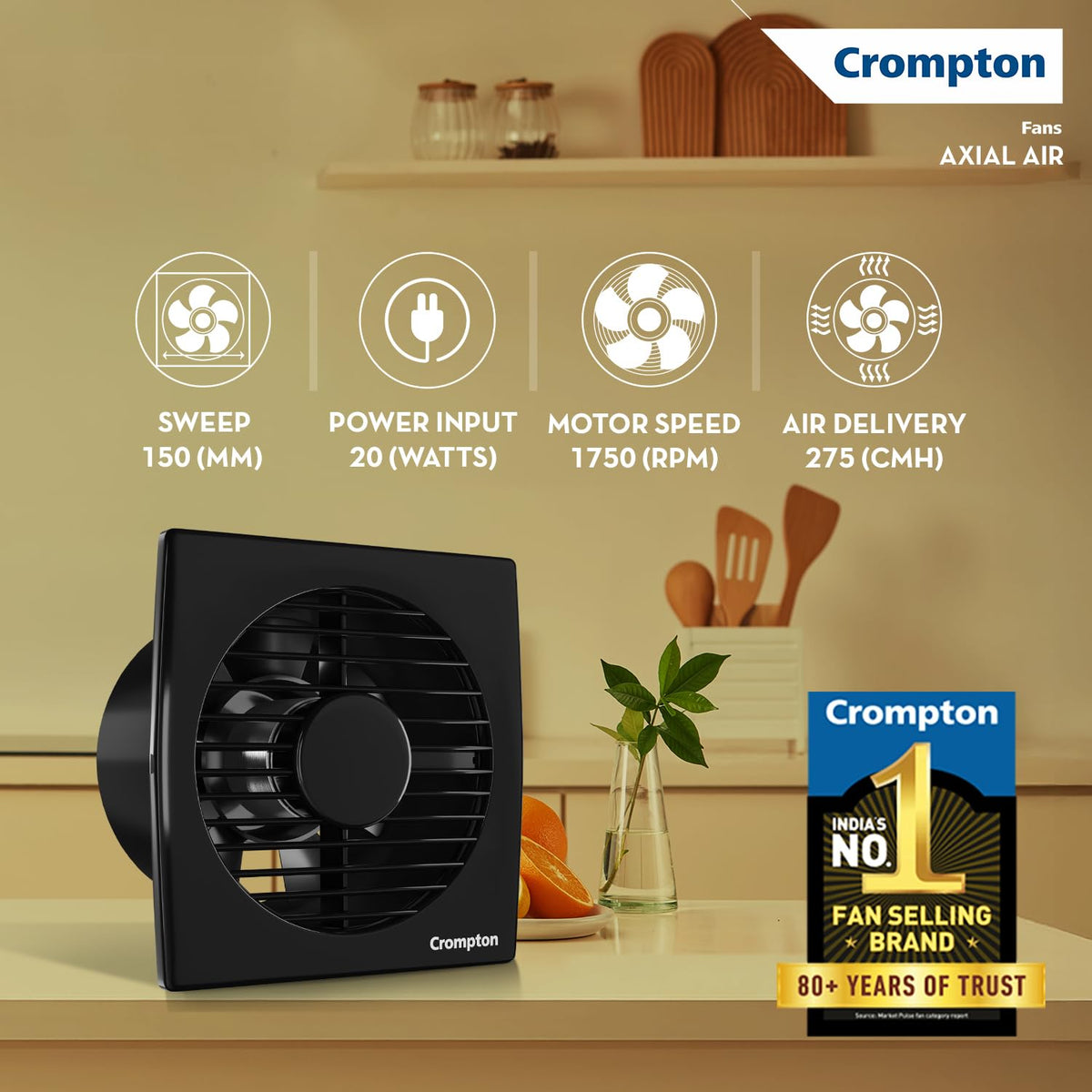 Crompton Axial Air 150 mm (6 inch) Kitchen/Bathroom/Office Exhaust (Ventilation) Fan | 1750 RPM | Low Noise | Sturdy Front Grill | Wall, Glass & Grill Mounting | 2 Year Warranty | Black