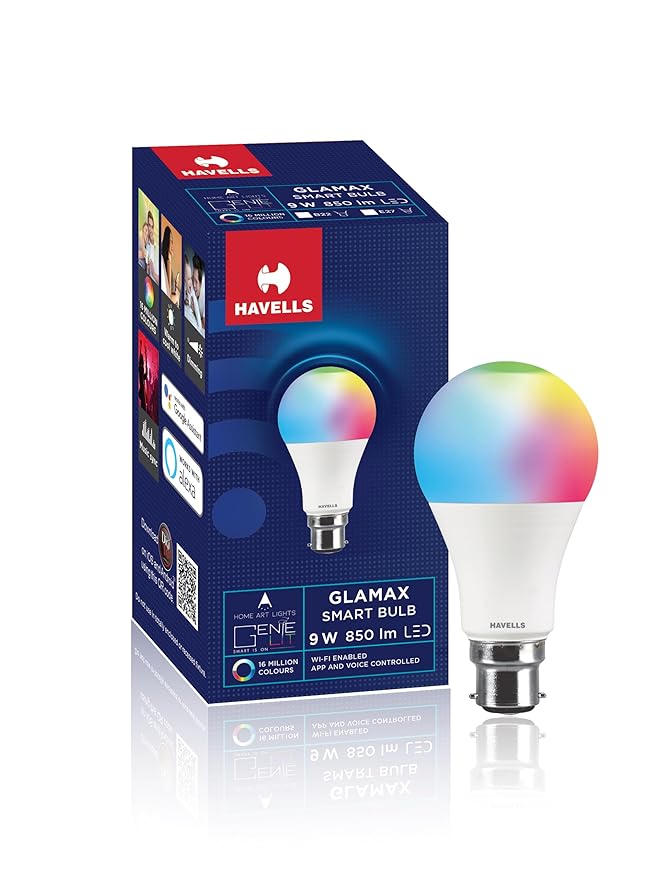 Havells Glamax 9W B22 WiFi LED Smart Bulb with Music Sync Function, Compatible with Amazon Alexa and Google Assistant (16M Colours)