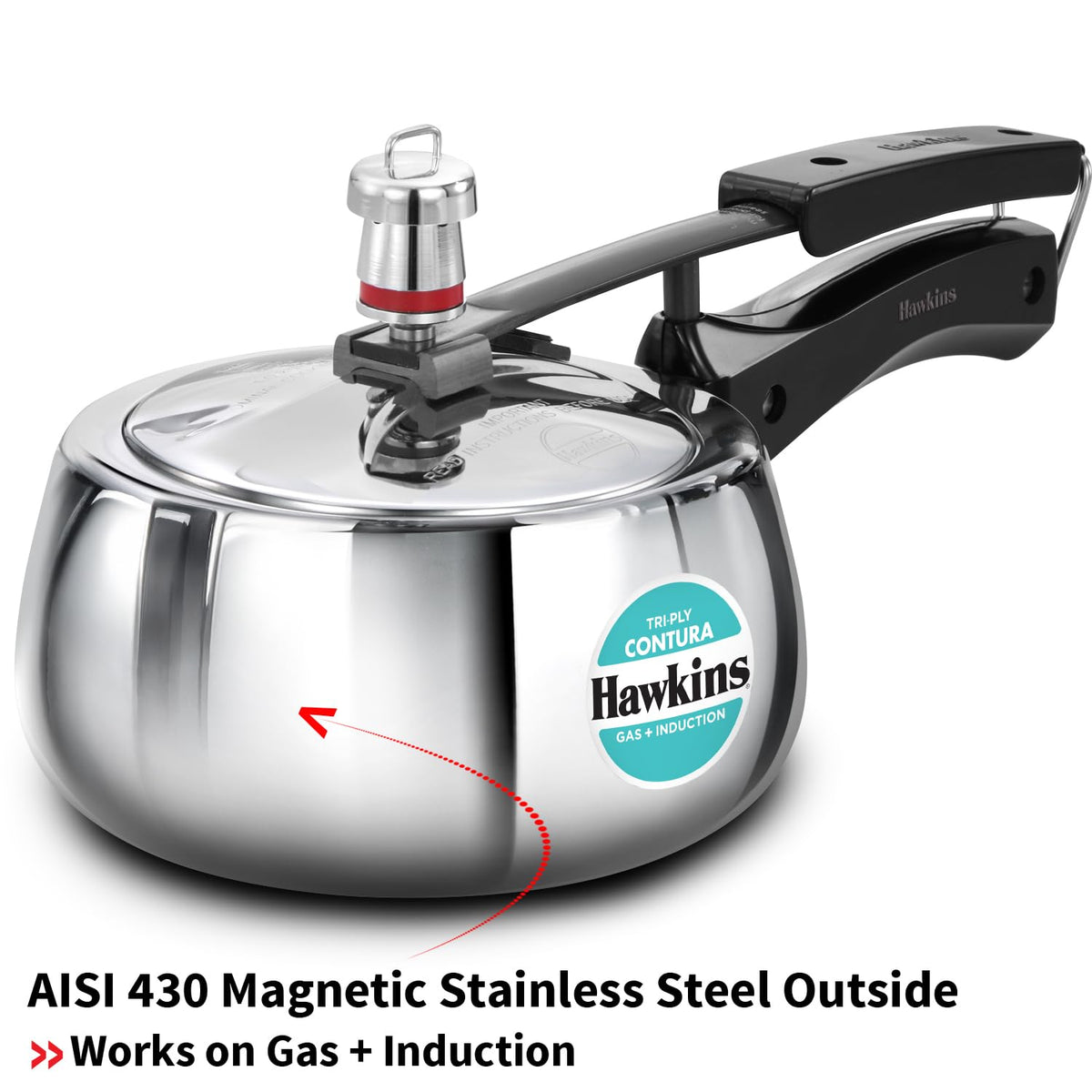 Hawkins Contura 1.5 Litre Stainless steel Pressure Cooker | Curved Body | Induction Compatible | Ideal for 1 2 persons | ISI Certified | Guaranteed for 5...