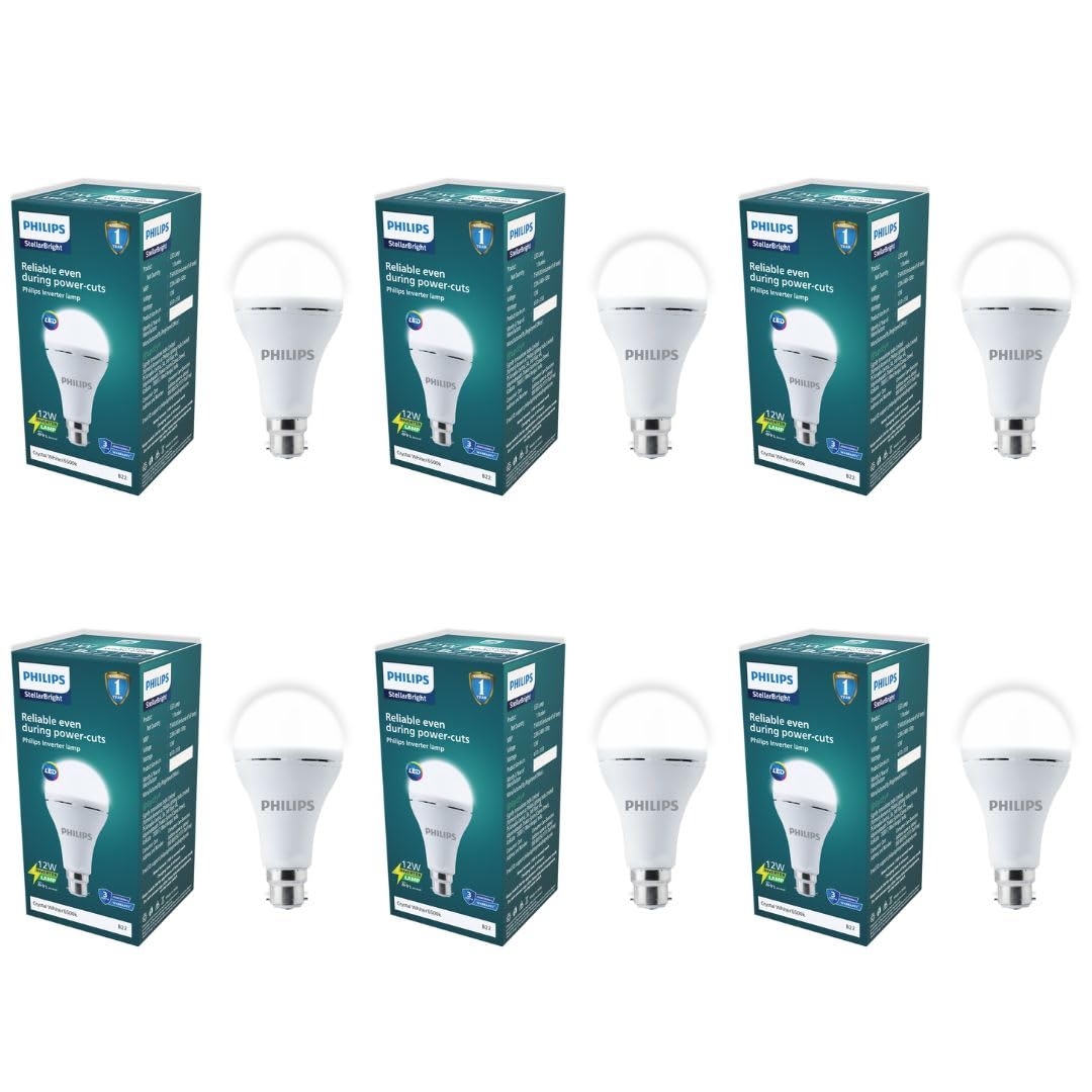 PHILIPS 12W Emergency Bulb|Rechargeable Emergency Bulb for Power Cuts|Backup : Upto 4hrs, Cool Day Light,Pack of 6, b22d, LED