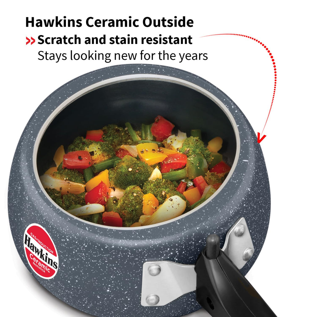 Hawkins 2 Litre Ceramic Nonstick Pressure Cooker, Induction Inner Lid Cooker, Granite Contura shaped Cooker, Blue (ICC20)