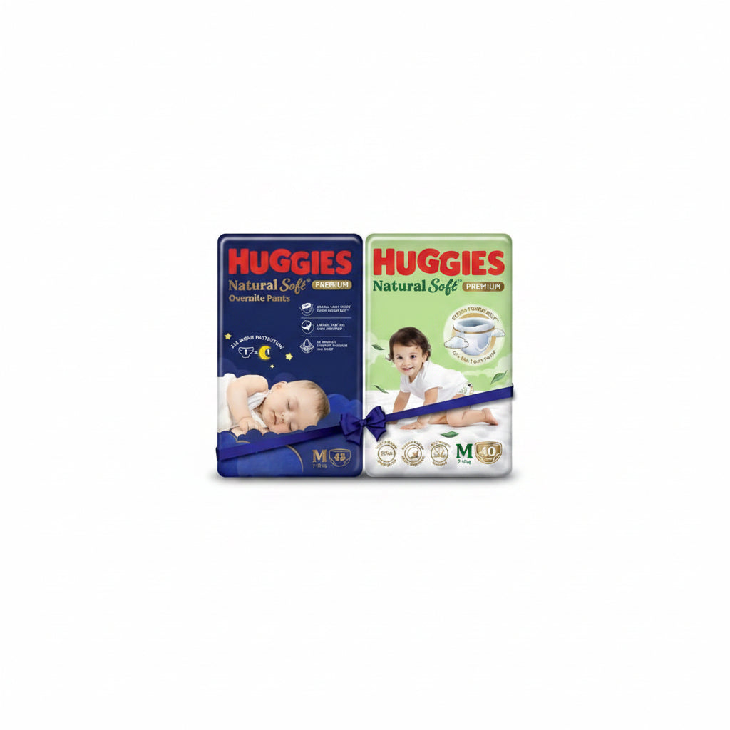 Huggies Natural Soft Day+Night Combo|Premium Pant style baby diapers| Medium (M) Size (7-12 Kgs), 82 count |Our No.1 Soft Pants with Cloud soft belt...