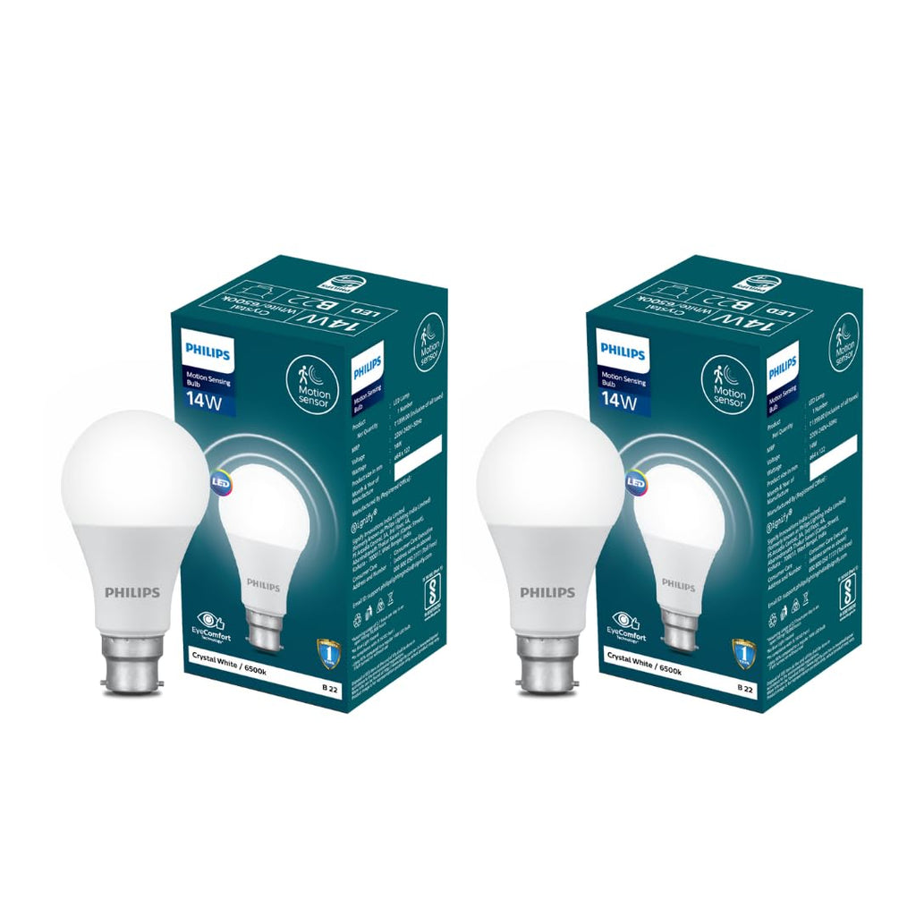 PHILIPS Motion Sensor LED Bulb 14W B22 | Crystal White Light for Home | Pack of 2