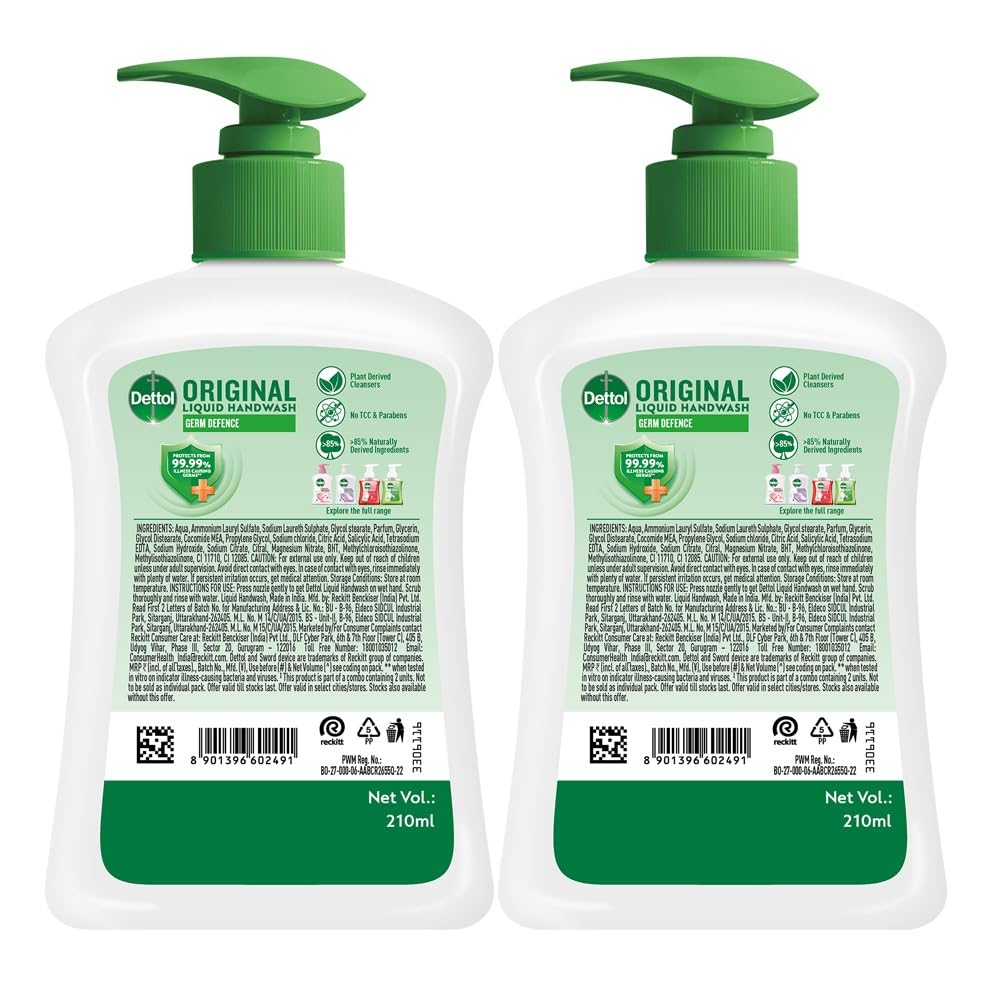 Dettol Liquid Handwash Dispenser Bottle Pump (210ml, Buy 1 Get 1 Free)- Original Hand Wash
