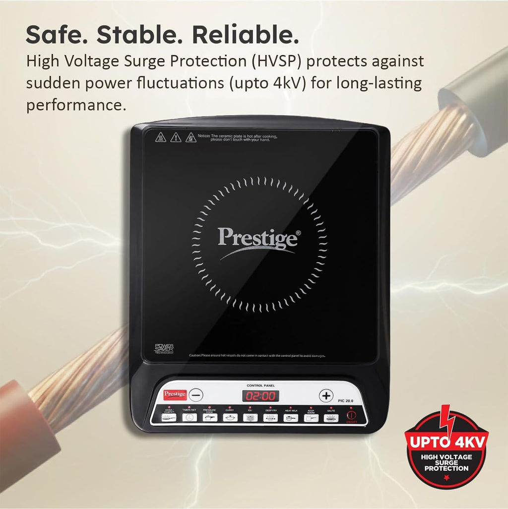 Prestige PIC 20 1600 Watts Induction Cooktop | 4KV Surge Protection | 8 Preset Indian Menu Options & Timer | Soft Touch Button | Easy to Clean | Portable | Black | 1Y Warranty | BIS
