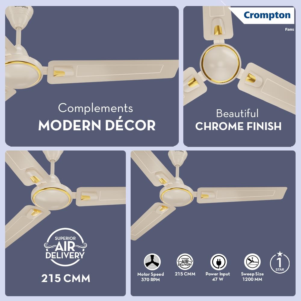 Crompton SUREBREEZE HILL BRIZ NEO 1200 mm (48 inch) Ceiling Fan (Ivory) Star rated energy efficient fans