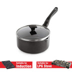 CELLO Aluminium Non-Stick Sauce/Milk Pan with Glass Lid for Kitchen 1.5 Litre, Black | PFOA Free, Bakelite Handle, Gas Stove & Induction Compatible Milk Tea Sauce Boiling Water Pans Pots for Cooking
