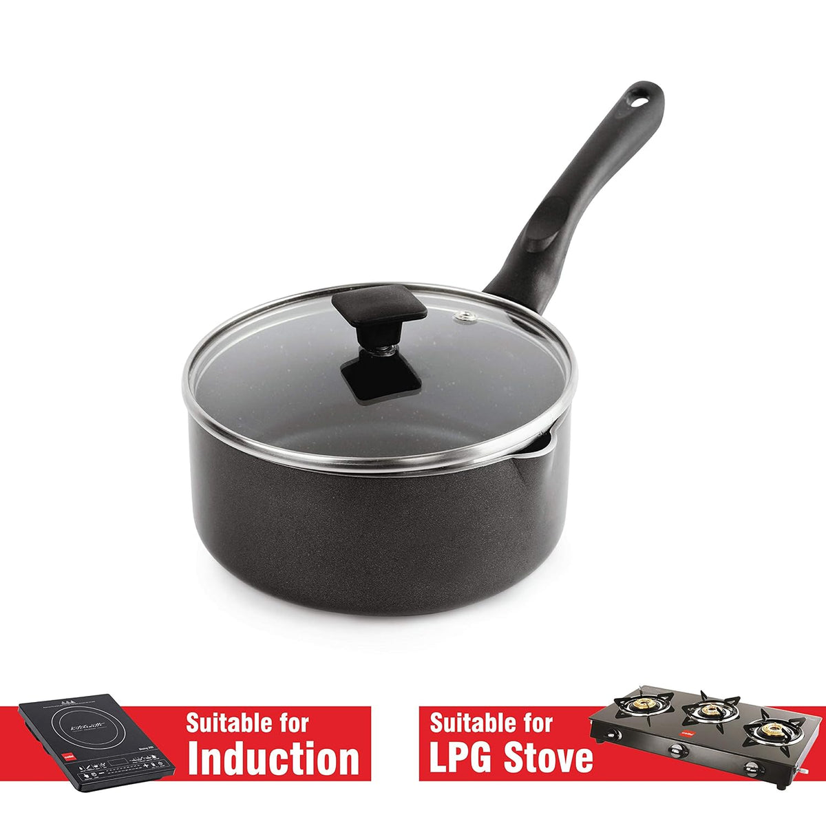 CELLO Aluminium Non-Stick Sauce/Milk Pan with Glass Lid for Kitchen 1.5 Litre, Black | PFOA Free, Bakelite Handle, Gas Stove & Induction Compatible Milk Tea Sauce Boiling Water Pans Pots for Cooking