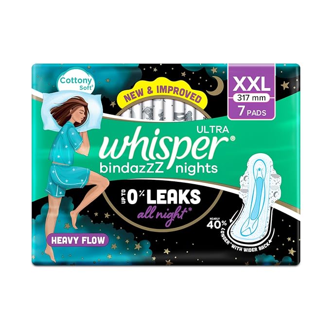 Whisper Bindazzz Nights 15x3 XXL Sanitary Pads, Upto 0% Leaks All Night Long, For Heavy Flow