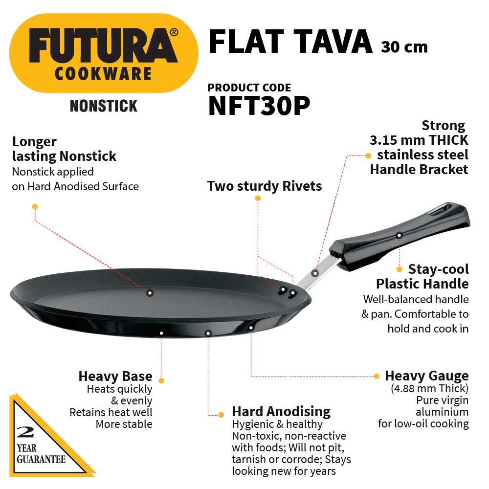 Hawkins Futura 30 cm Flat Tava, Non Stick Tawa with Plastic Handle, Tawa with Rim, Pancake Pan, Flat Pan, Black (NFT30P)