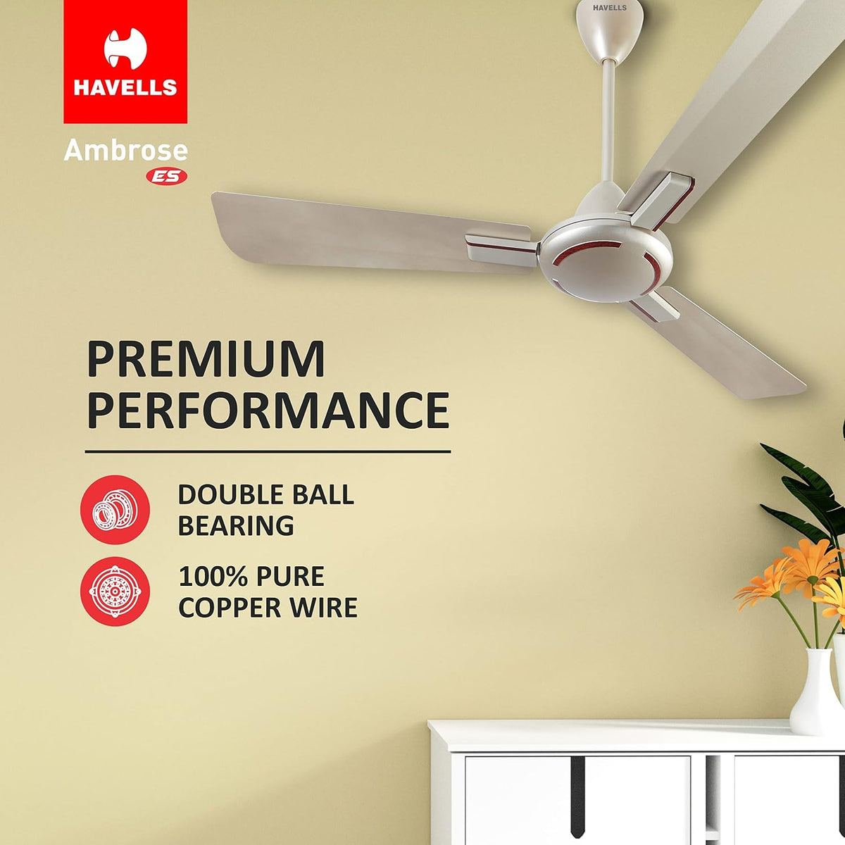 Havells 1200mm Leganza ES 4B Ceiling Fan  | Energy Saving, 100% Pure Copper Motor, 2 Year...