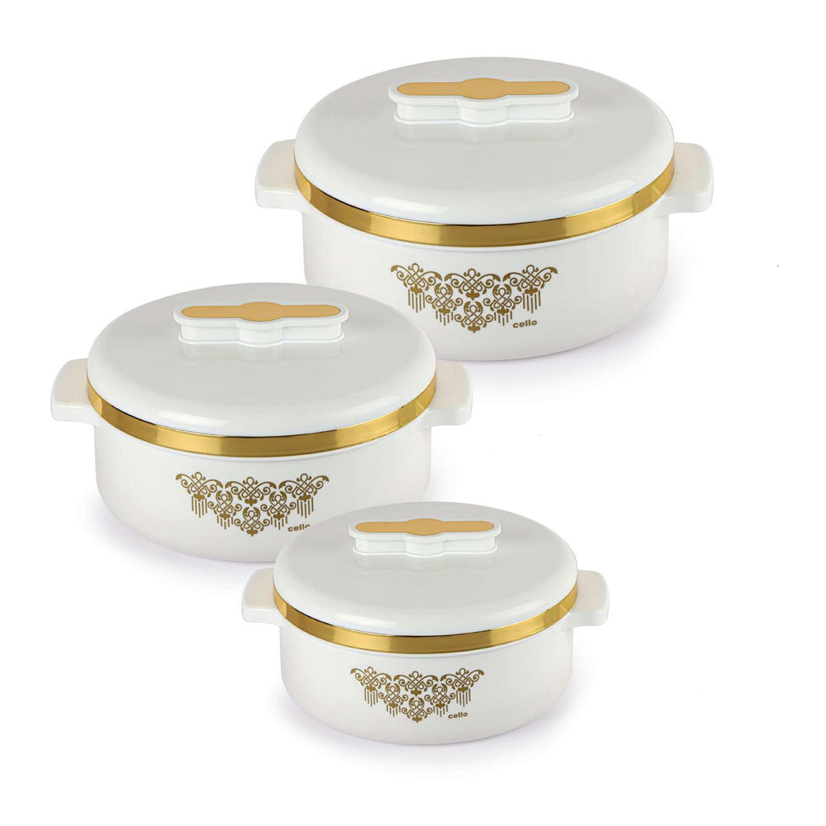 CELLO Exotic Insulated Casserole Set of 3, (500ml, 1000ml, 1500ml) White |