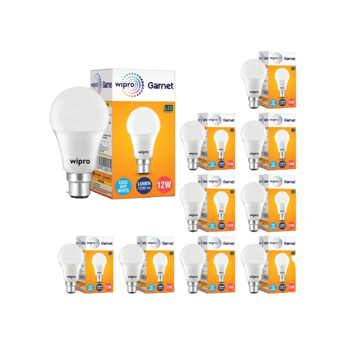 wipro Garnet Base B22 12-Watt LED Bulb (Pack of 10, Cool Day Light)
