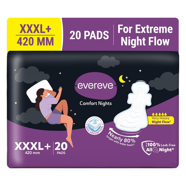 Evereve Comfort Nights Sanitary Pads XXXL+ 420mm, 20 Pads, 60% Longer with Wider back For All Night Care, Very Heavy Night Flow Absorption, Up to 100% Leak...