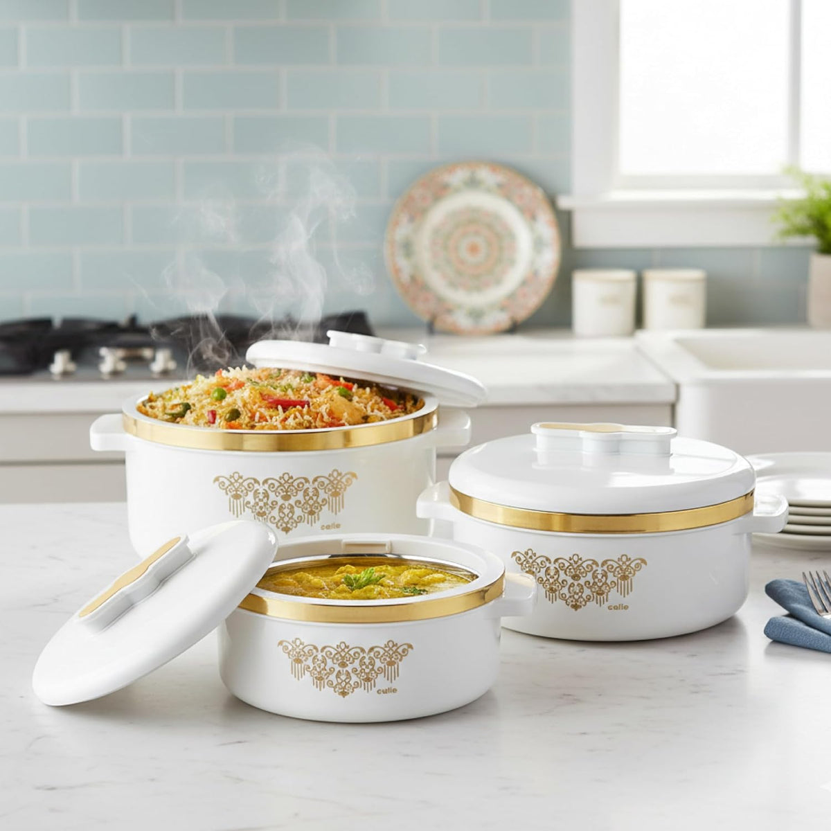 CELLO Exotic Insulated Casserole Set of 3, (500ml, 1000ml, 1500ml) White |