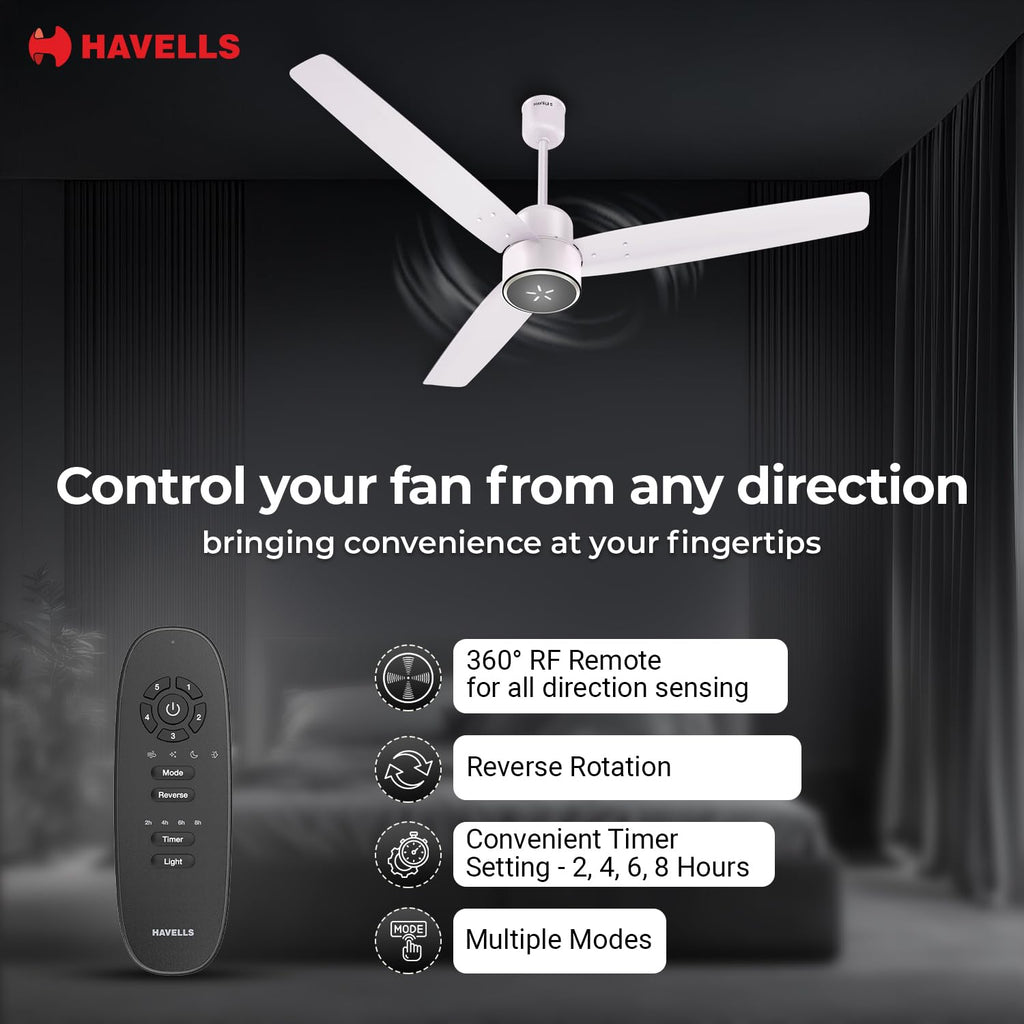 Havells FAB BLDC LED Ceiling Fan 1200 mm, 5 star, LED Speed Indicator, 380 RPM, Up to 65% Savings,Reverse Rotation,4 Speed Modes,Low Wattage 30W,Low Noise...
