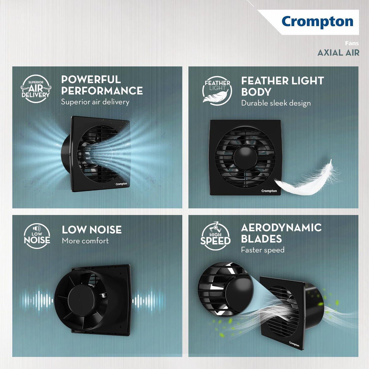 Crompton Axial Air 150 mm (6 inch) Kitchen/Bathroom/Office Exhaust (Ventilation) Fan | 1750 RPM | Low Noise | Sturdy Front Grill | Wall, Glass & Grill Mounting | 2 Year Warranty | Black