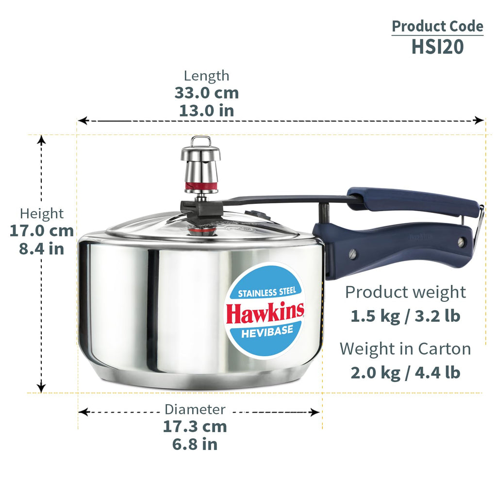 Hawkins 2 Litre Pressure Cooker | Stainless Steel | Hevibase | Straight Body | Induction Compatible | Ideal for 2–3 persons | Silver (HSI20)|Induction and...