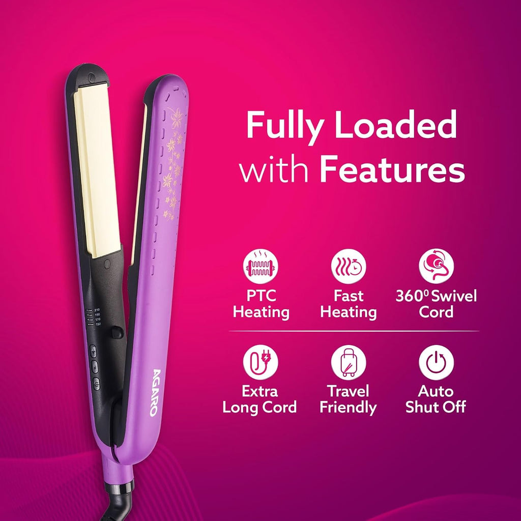AGARO Hair Straightener, Keratin Infused Ceramic Coated Titanium Plates, Fast Heating, 4 Temperature Settings, Hair Straightening, Hair Styling For Women, Purple