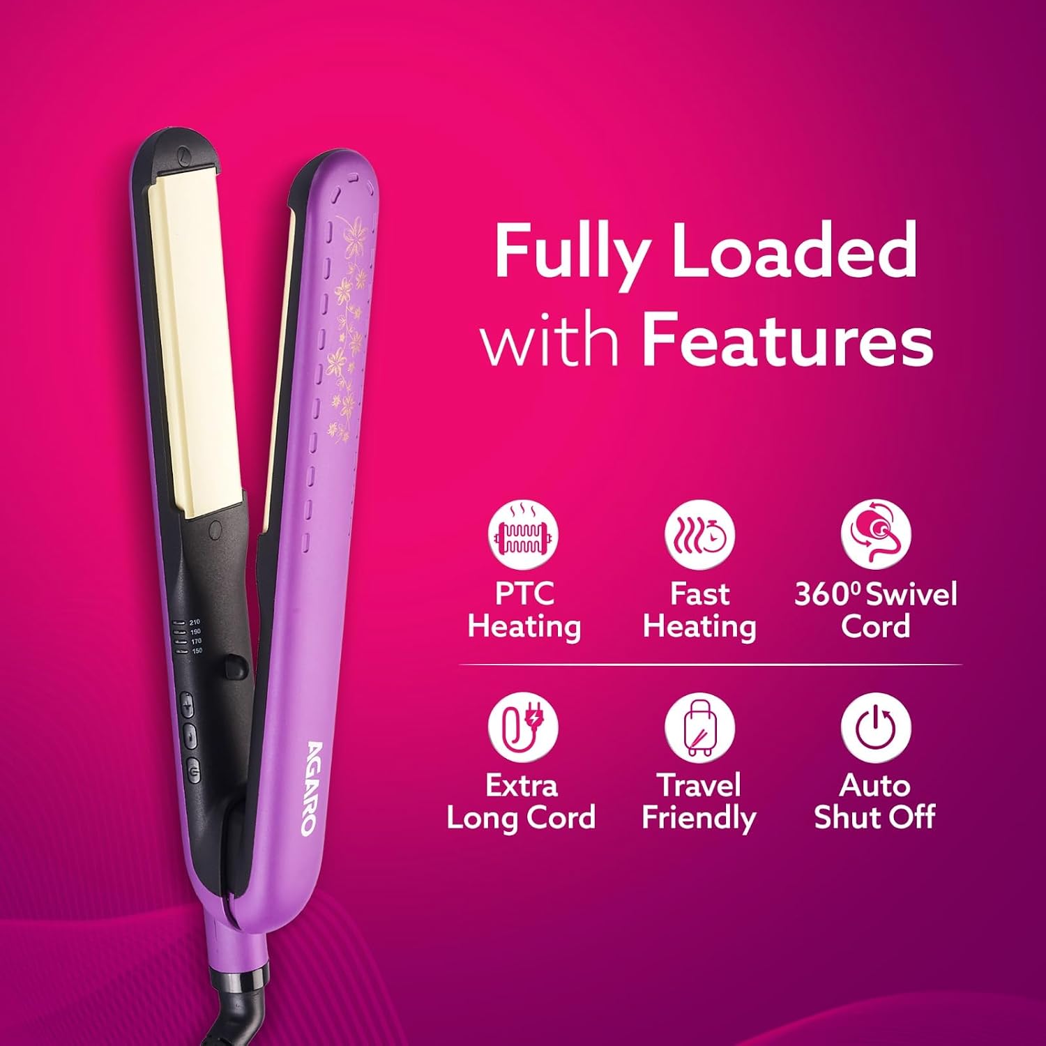 AGARO Hair Straightener, Keratin Infused Ceramic Coated Titanium Plates, Fast Heating, 4 Temperature Settings, Hair Straightening, Hair Styling For Women, Purple