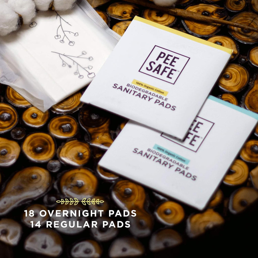 Pee Safe 100% Organic Cotton Sanitary Pads | 14 Regular & 18 Overnight Pads | Quarterly Pack, Anti-Bacterial, Superb Absorbency, Skin Friendly, Comfortable