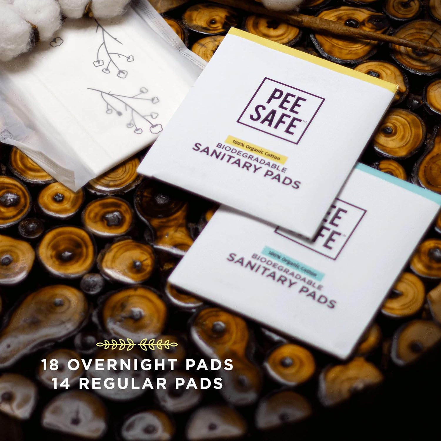 Pee Safe 100% Organic Cotton Sanitary Pads | 14 Regular & 18 Overnight Pads | Quarterly Pack, Anti-Bacterial, Superb Absorbency, Skin Friendly, Comfortable