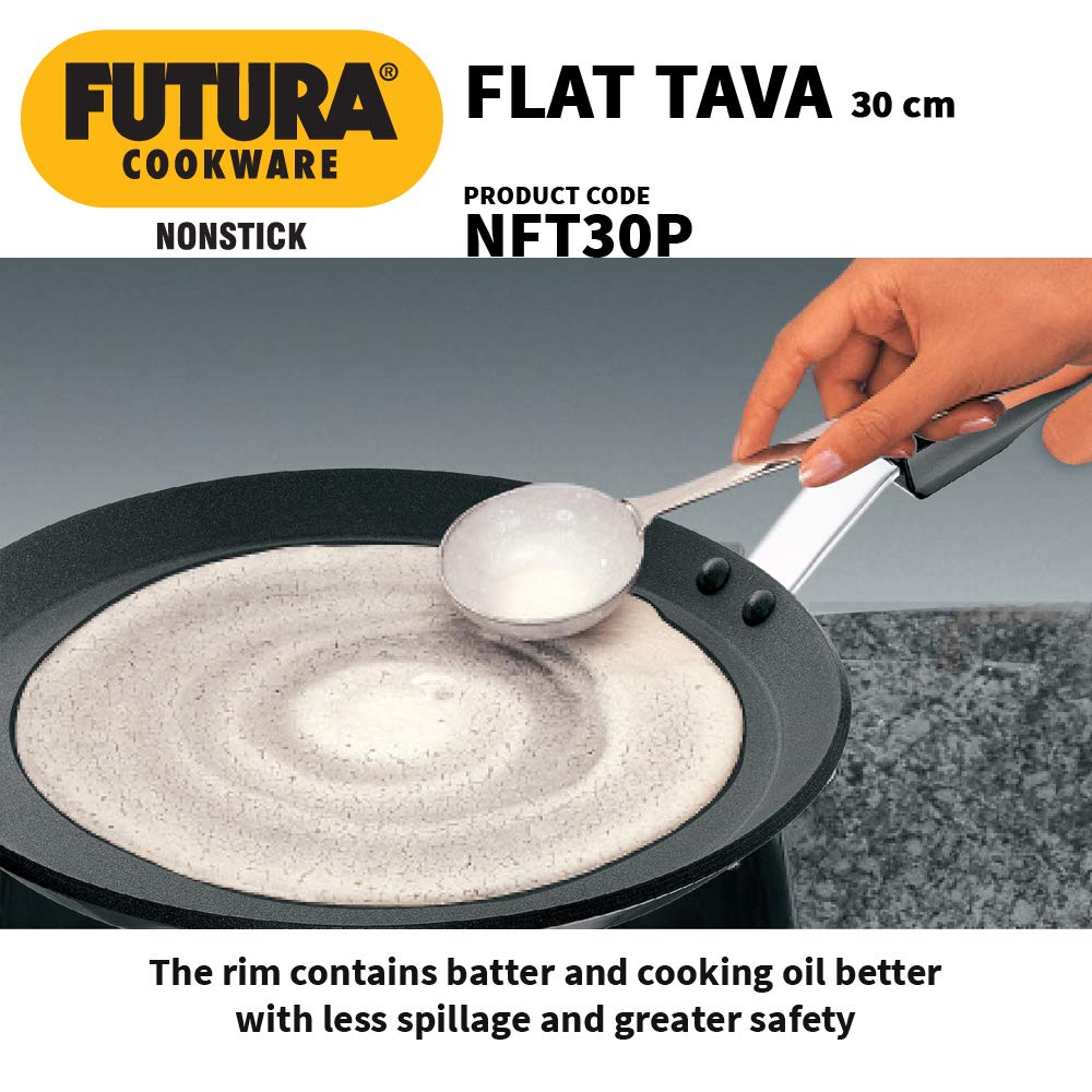Hawkins Futura 30 cm Flat Tava, Non Stick Tawa with Plastic Handle, Tawa with Rim, Pancake Pan, Flat Pan, Black (NFT30P)