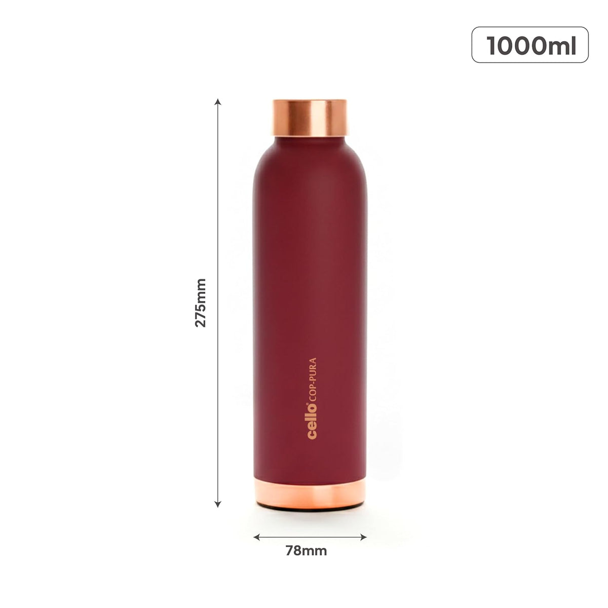 CELLO Evita Copper Water Bottle For Daily & Office Use 1000 ml, Red | Leakproof & Rustproof ISI Certified Single Wall 100% Pure Copper Promotes Immunity, Improve Digestion & Supports Healthy Living