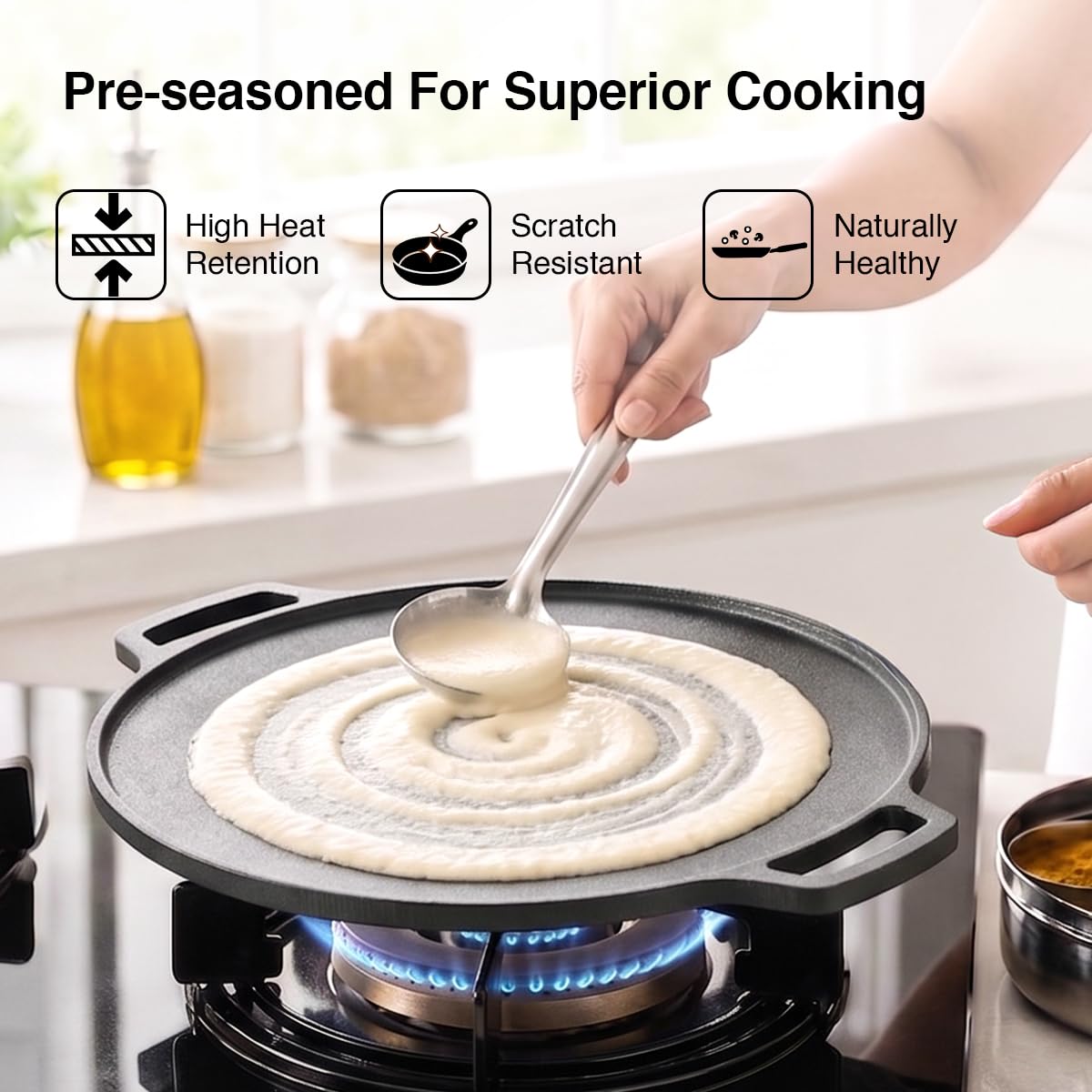 Prestige Neocast Flo Smooth Finish Cast Iron Dosa Tawa 30cm Black|Works On Gas & Induction|