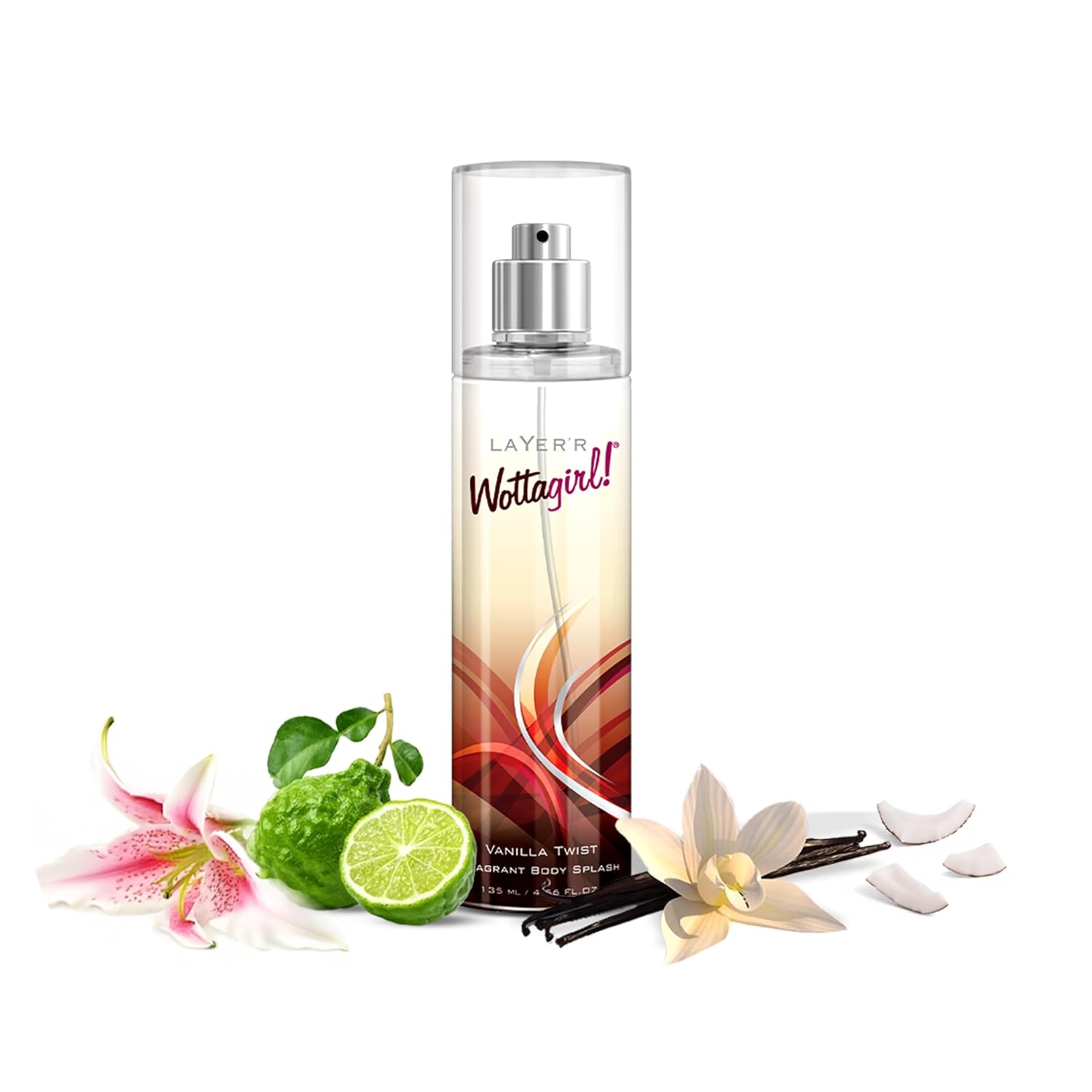Layer'r Wottagirl Vanilla Twist Body Splash for Women 135ml | Long-lasting body splash with creamy coconut, lily & vanilla notes. Ideal for everyday freshness and daily wear.