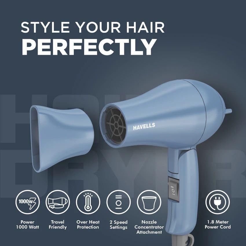 Havells 1000W Foldable Hair Dryer | 2 Heat Settings (Hot/Warm)  | HD1835