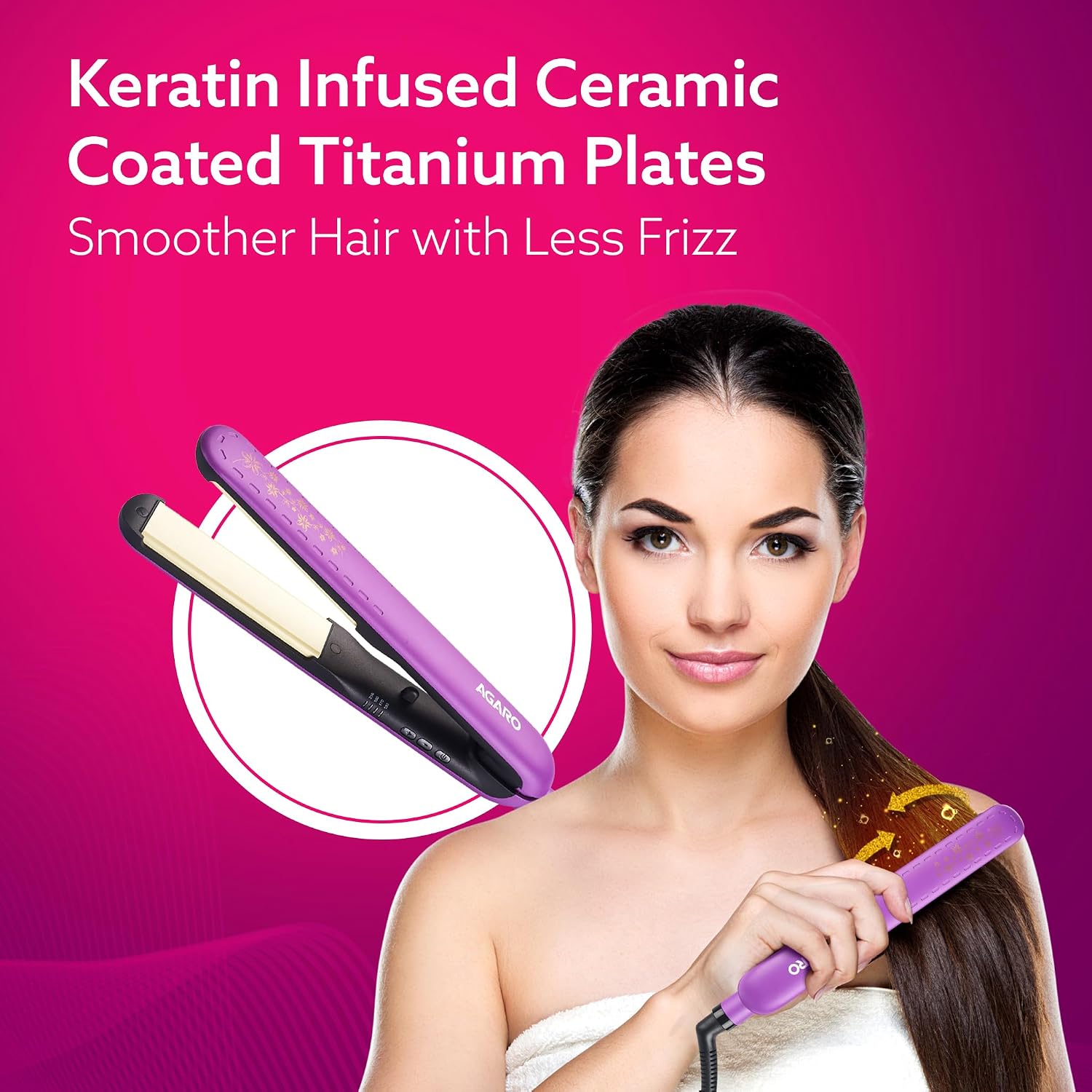 AGARO Hair Straightener, Keratin Infused Ceramic Coated Titanium Plates, Fast Heating, 4 Temperature Settings, Hair Straightening, Hair Styling For Women, Purple
