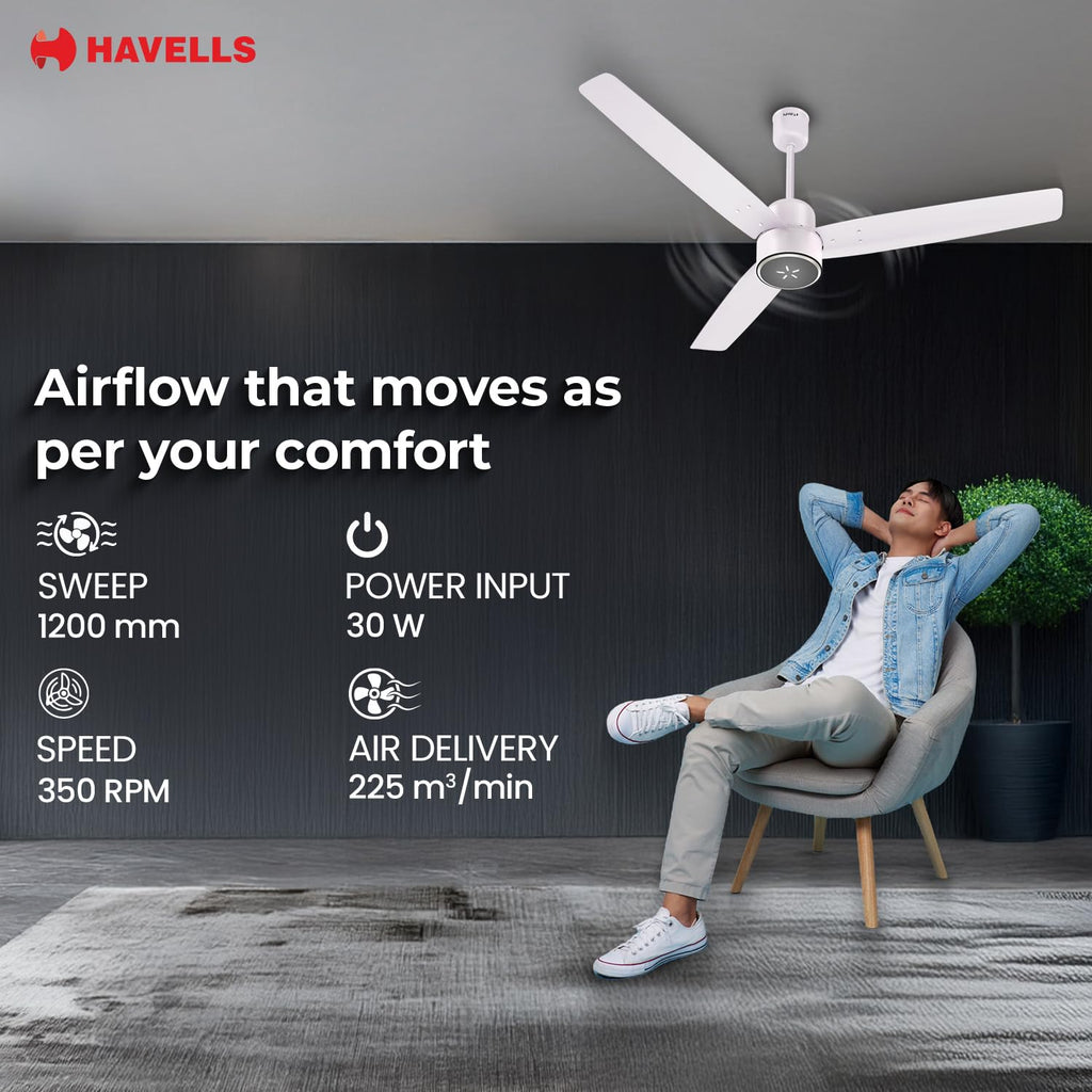 Havells FAB BLDC LED Ceiling Fan 1200 mm, 5 star, LED Speed Indicator, 380 RPM, Up to 65% Savings,Reverse Rotation,4 Speed Modes,Low Wattage 30W,Low Noise...